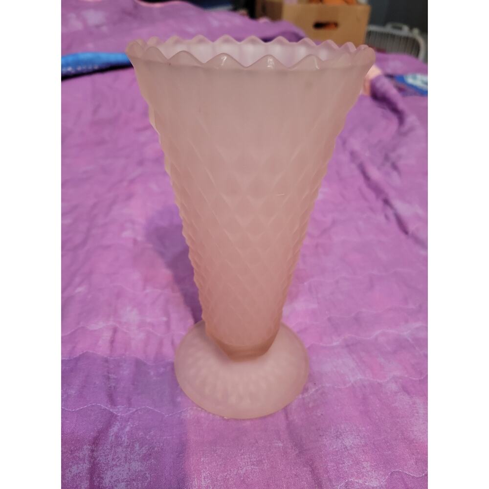 Vintage Indiana Glass Pink Satin Frosted Diamond Point 8" Footed Vase Saw Tooth
